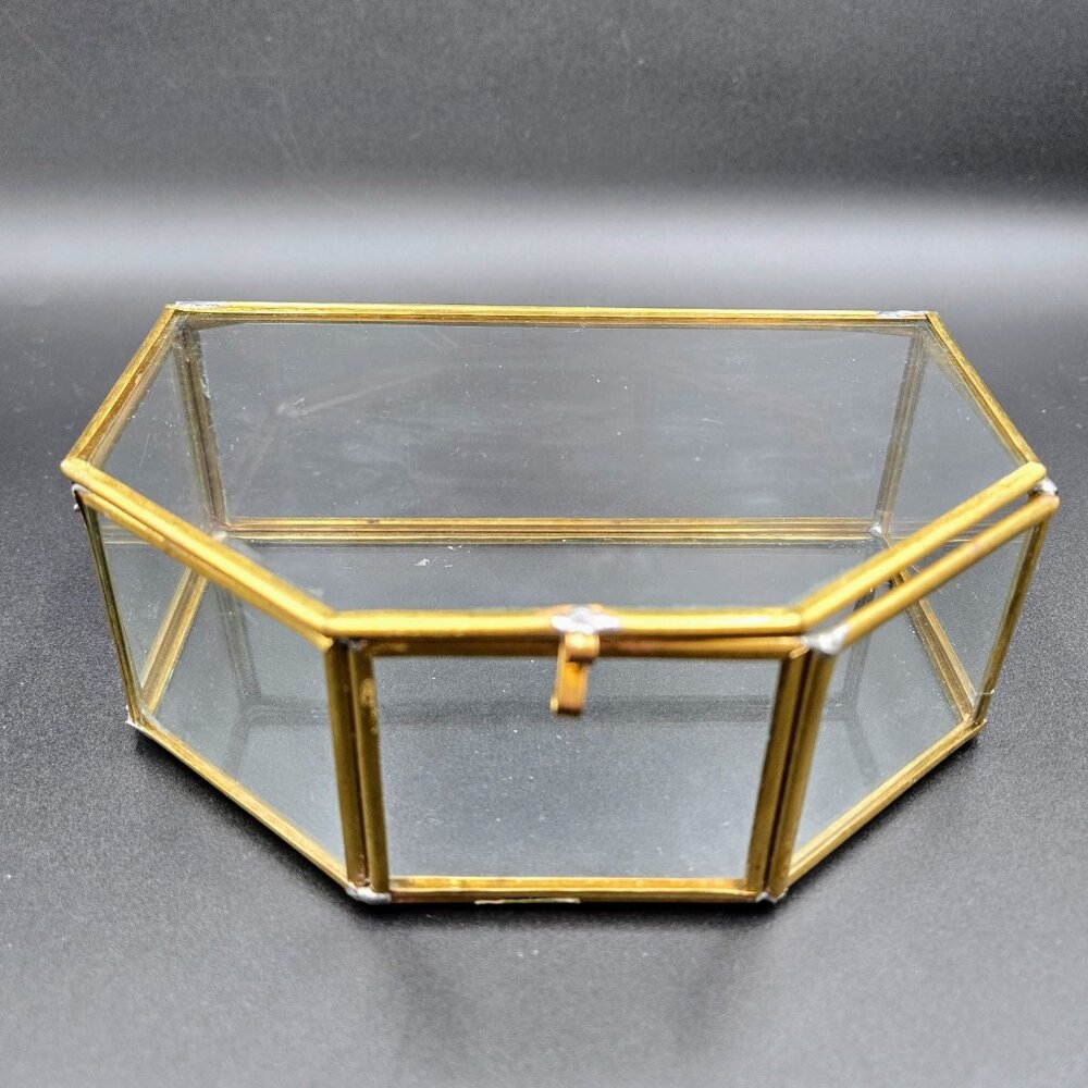 Vintage Glass Brass Curio Display Case Jewelry Trinkets MCM Read